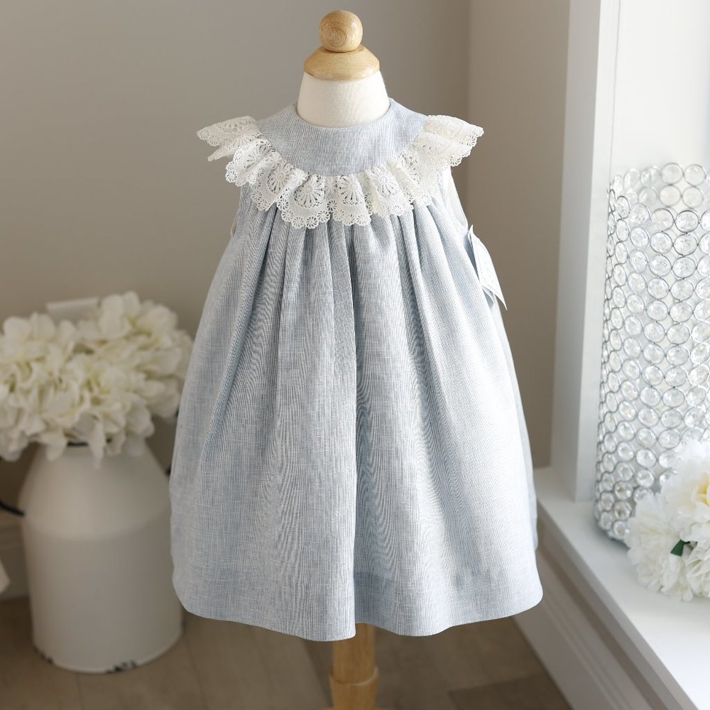Blue Linen Float Dress Crocheted Lace Collar Bailey Boys Boutique NWT